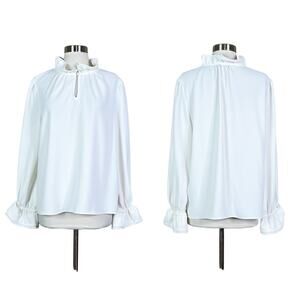 J. Crew | Ruffle Neck Bell Cuff Long Sleeve Elegant White Blouse Top Size Large